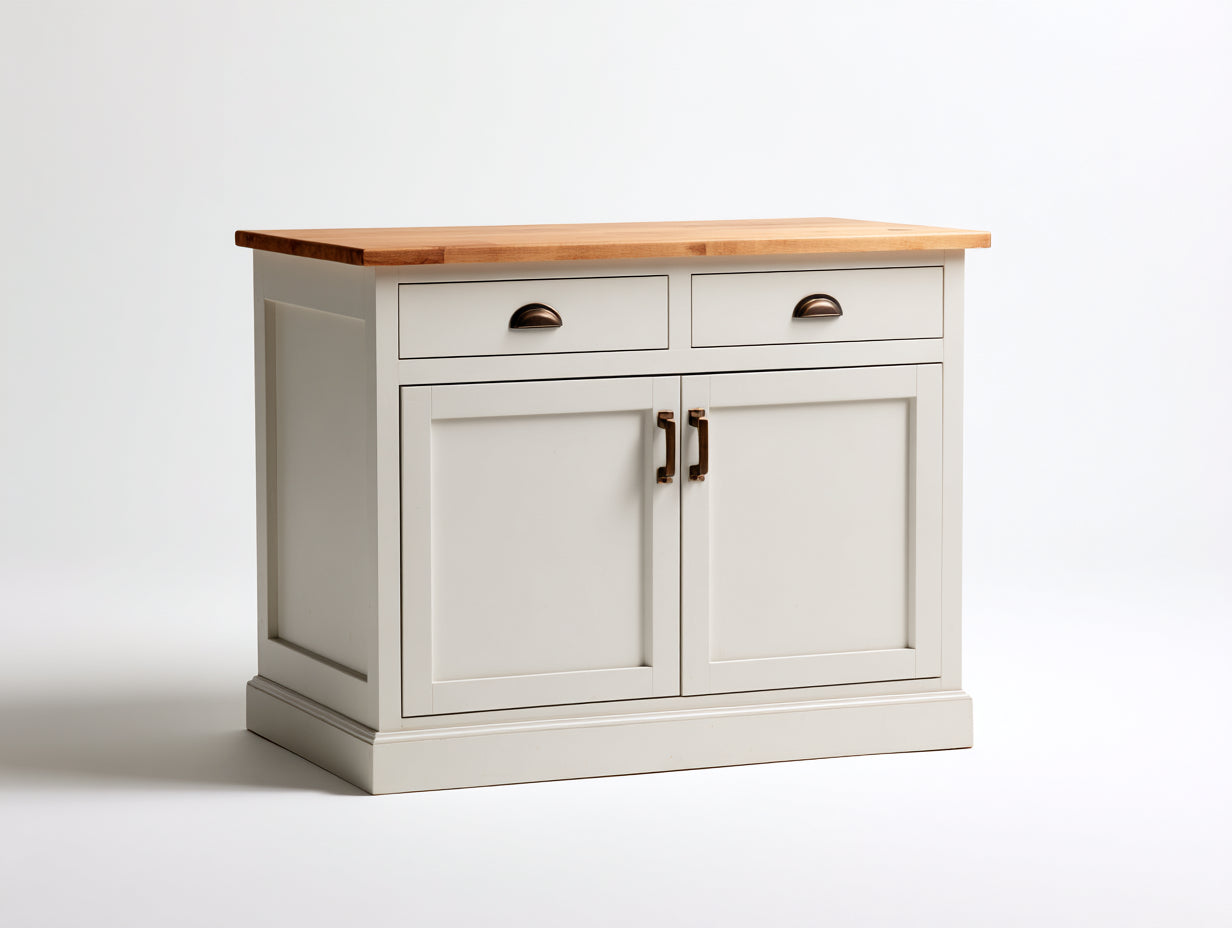 Aparadores de madera con dos puertas - Madera técnica y madera maciza - 102 x 45 x 88 cm - Blanco roto-Madera natural - Diseño rústico con dos cajones