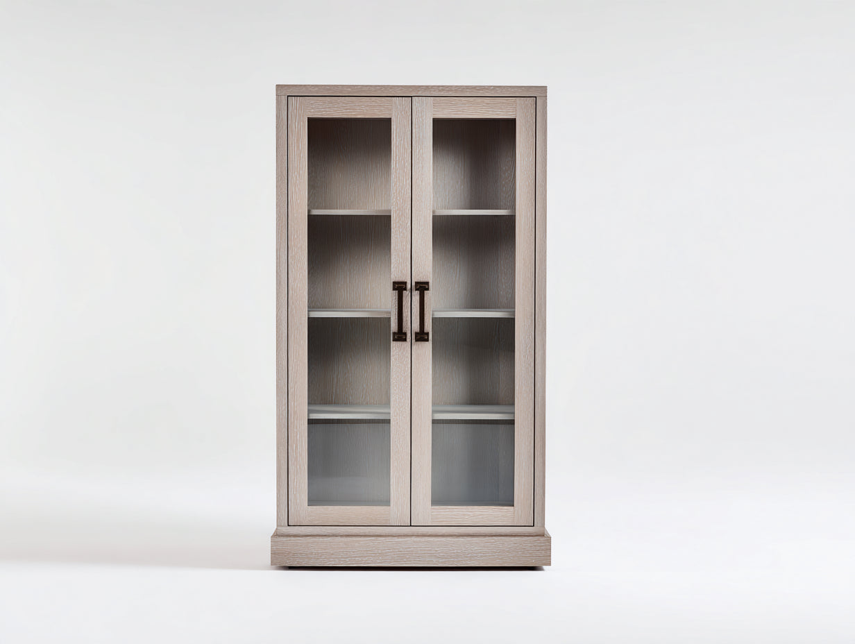 Vitrina de madera de ingeniería y vidrio 90 x 40 x 180 cm - roble claro - para salón y comedor - 2 puertas de cristal y diseño moderno