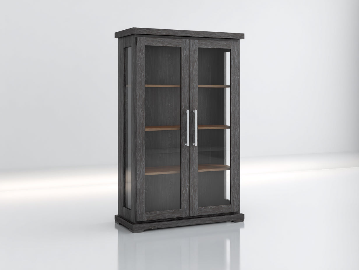 Vitrina de madera con 2 puertas de vidrio 90x40x175 cm - gris oscuro madera natural y plateado - diseño moderno de exposición
