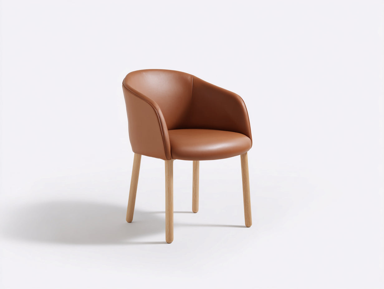 Silla de comedor tapizada 61 x 58 x 82 cm - Marrón camel y madera natural - Diseño envolvente con reposabrazos para comedor