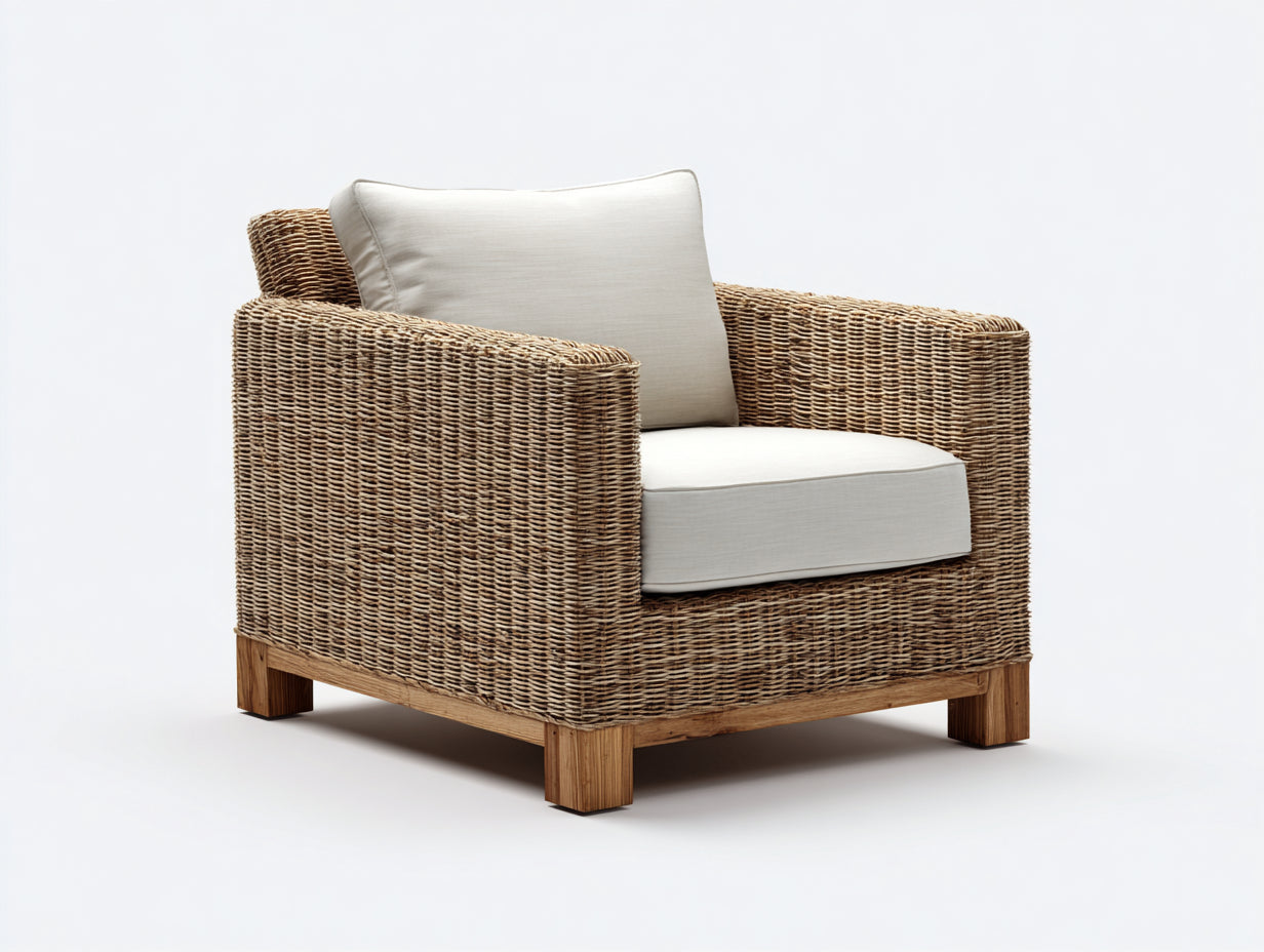 Sillón de ratán 82 x 78 x 76 cm - Marrón natural y blanco roto - Diseño cuadrado con reposabrazos para terraza y salón