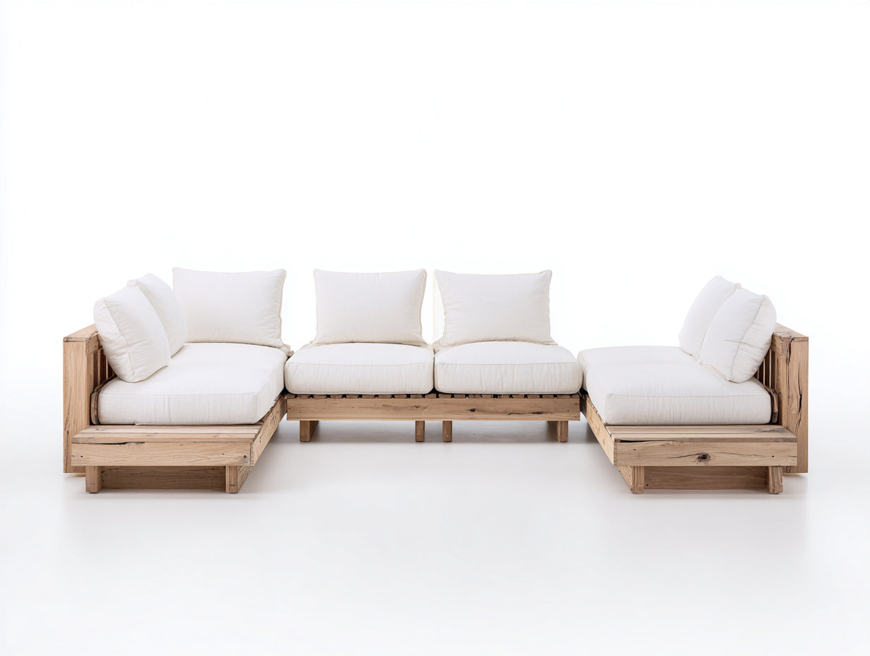 Sofá de exterior Sofás de exterior modular de madera 320x210x72 cm - madera natural y blanco - diseño bajo para terraza