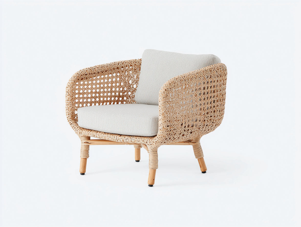 Sillones de ratán trenzado con cojines 82x78x80 cm - natural y crema - diseño envolvente de tejido abierto