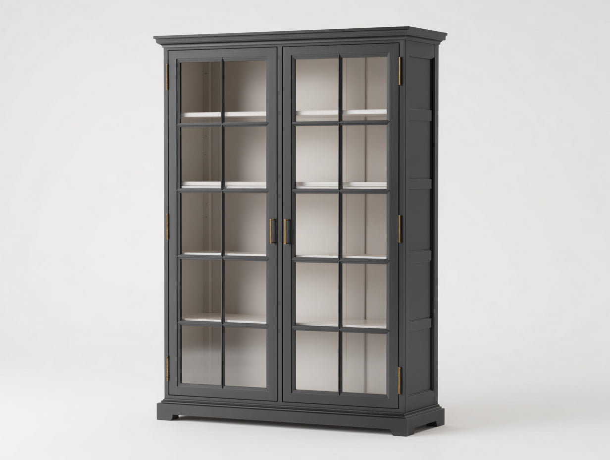 Vitrina de madera de ingeniería y vidrio 120 x 45 x 190 cm - gris antracita - para salón y comedor - 2 puertas acristaladas y diseño clásico