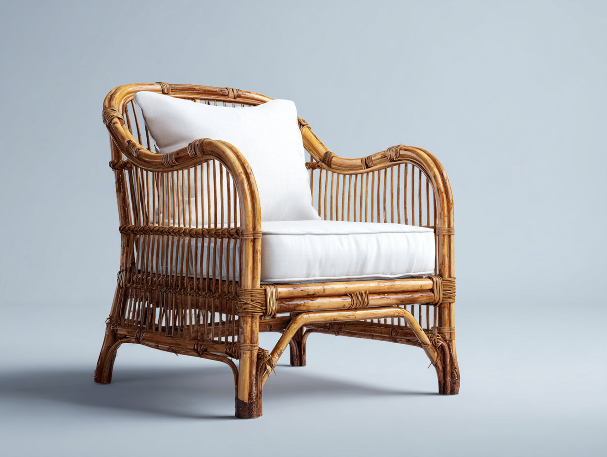 Sillones de ratán natural y tejido 82 x 76 x 94 cm - marrón natural y blanco - para jardín y terraza - reposabrazos curvos y diseño clásico