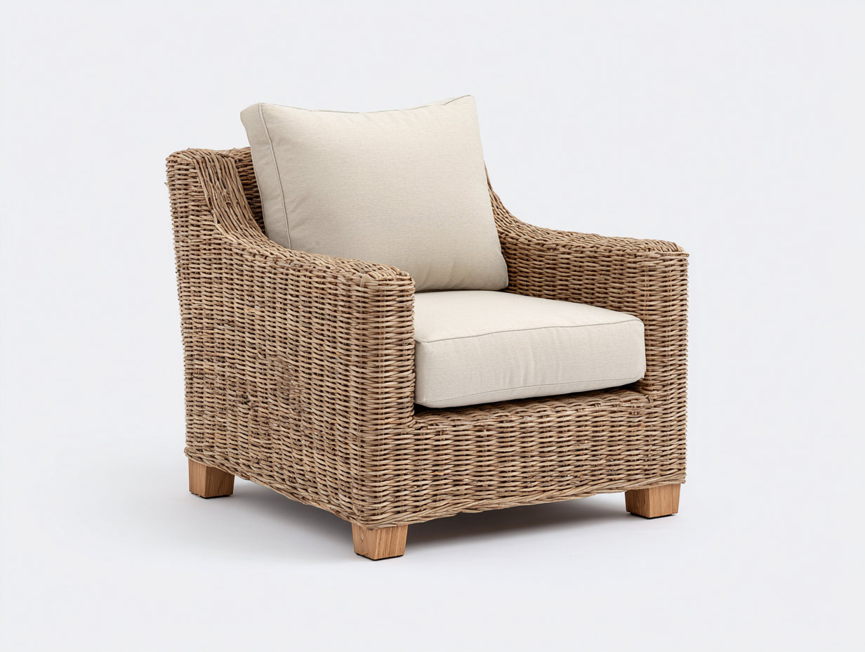 Sillones de ratán tejido y madera maciza 85 x 82 x 88 cm - marrón natural y beige - para jardín y terraza - 1 plaza y diseño clásico