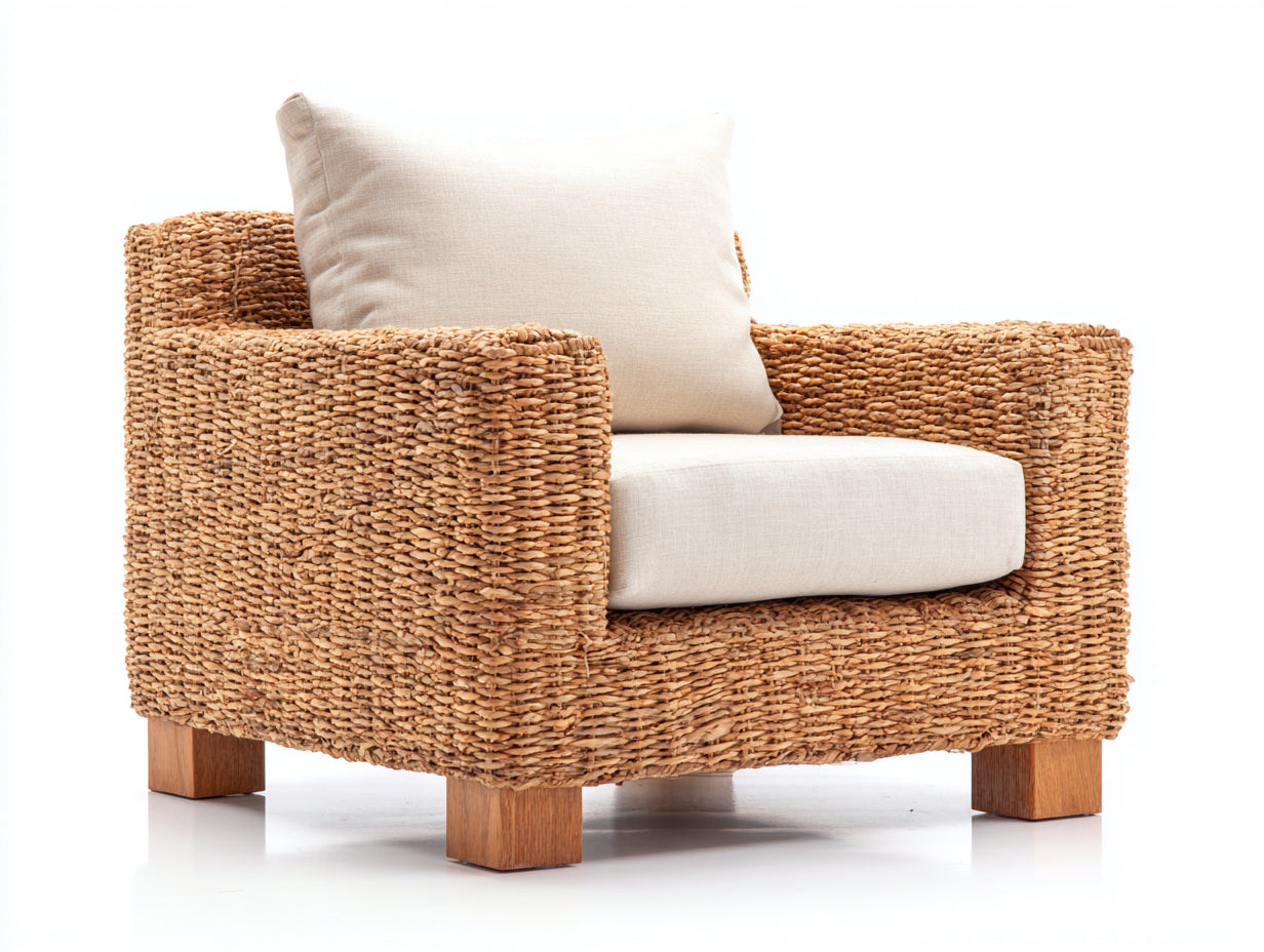 Sillón de ratán Sillones de ratán tejido 105x90x75 cm - natural y blanco crema - diseño bajo con brazos