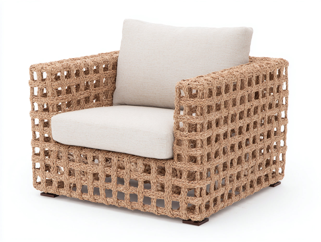 Sillón de ratán 84 x 80 x 78 cm - Marrón natural y beige claro - Diseño de entramado abierto con reposabrazos para terraza cubierta y salón