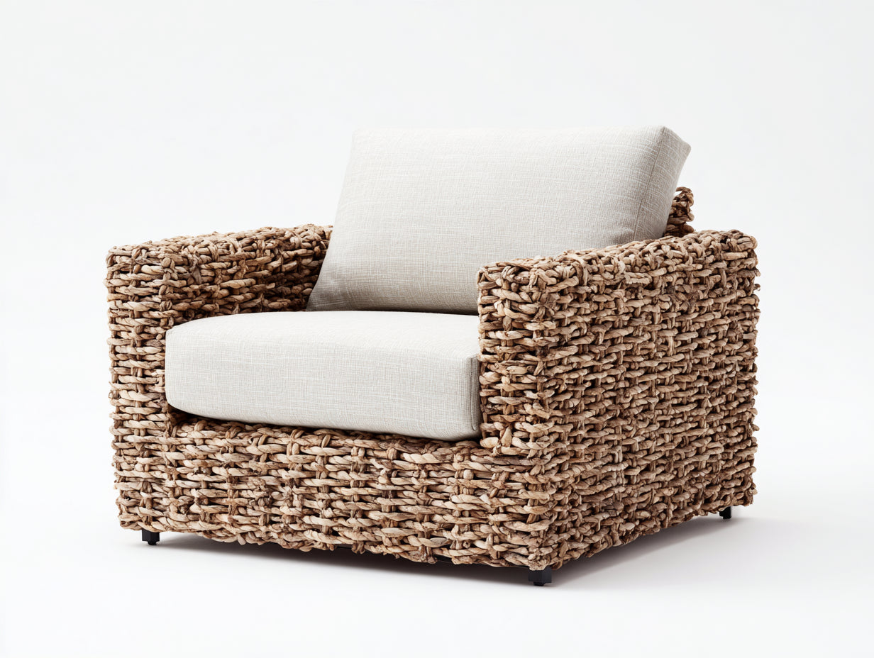 Sillones de ratán trenzado con cojines 94x88x80 cm - marrón natural y crema - diseño robusto con reposabrazos
