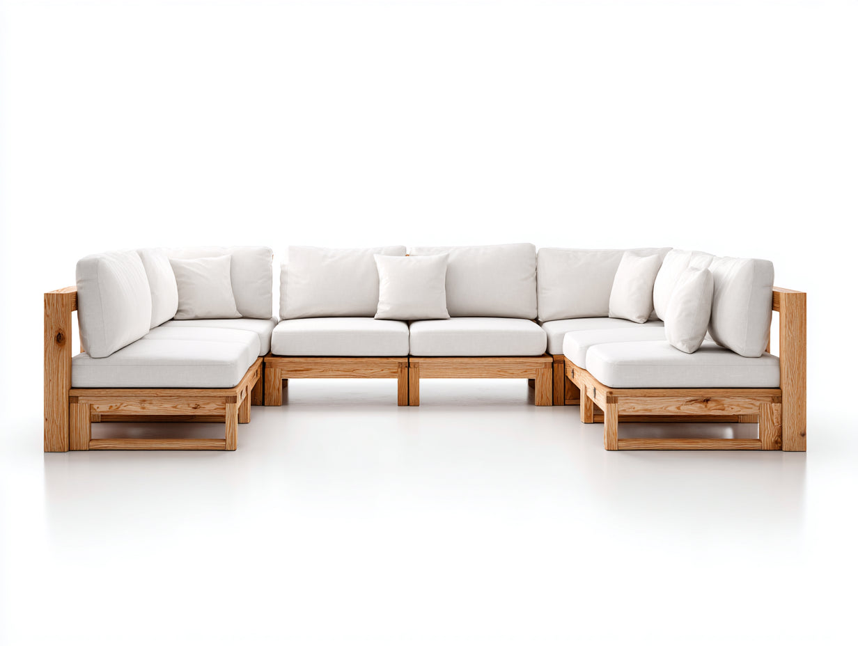 Sofás de exterior modulares de madera maciza y tejido 320 x 220 x 75 cm - madera natural y blanco - para jardín y terraza - 6 plazas y diseño en U