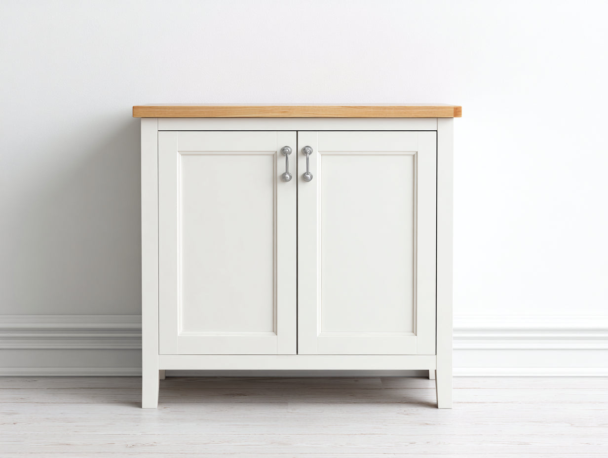 Aparadores de madera de ingeniería y madera maciza 90 x 40 x 95 cm - blanco y madera natural - para salón y comedor - 2 puertas y diseño clásico