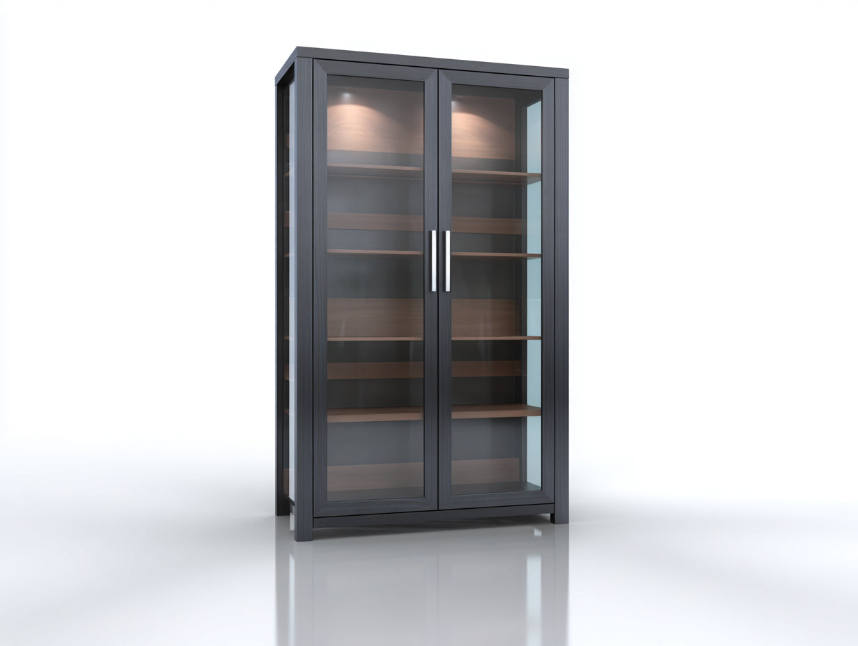 Vitrina alta con 2 puertas de vidrio 100 x 42 x 190 cm - Gris antracita y marrón nogal - Diseño moderno para salón y comedor