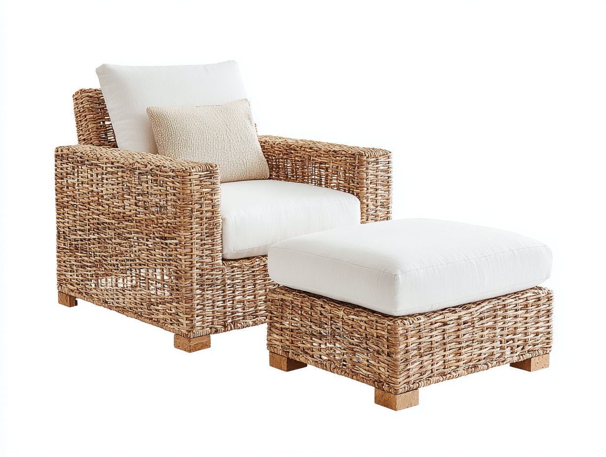 Sillón de ratán Sillones de ratán tejido 160x90x76 cm - natural y blanco crema - diseño bajo con reposapiés
