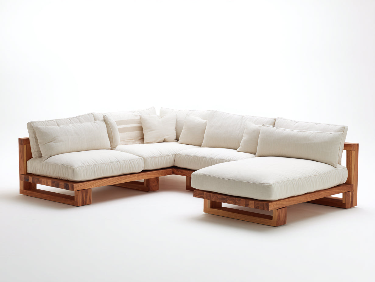 Sofá de exterior modular en U 285 x 210 x 76 cm - Marrón nogal y blanco roto - Estructura de madera para terraza y jardín