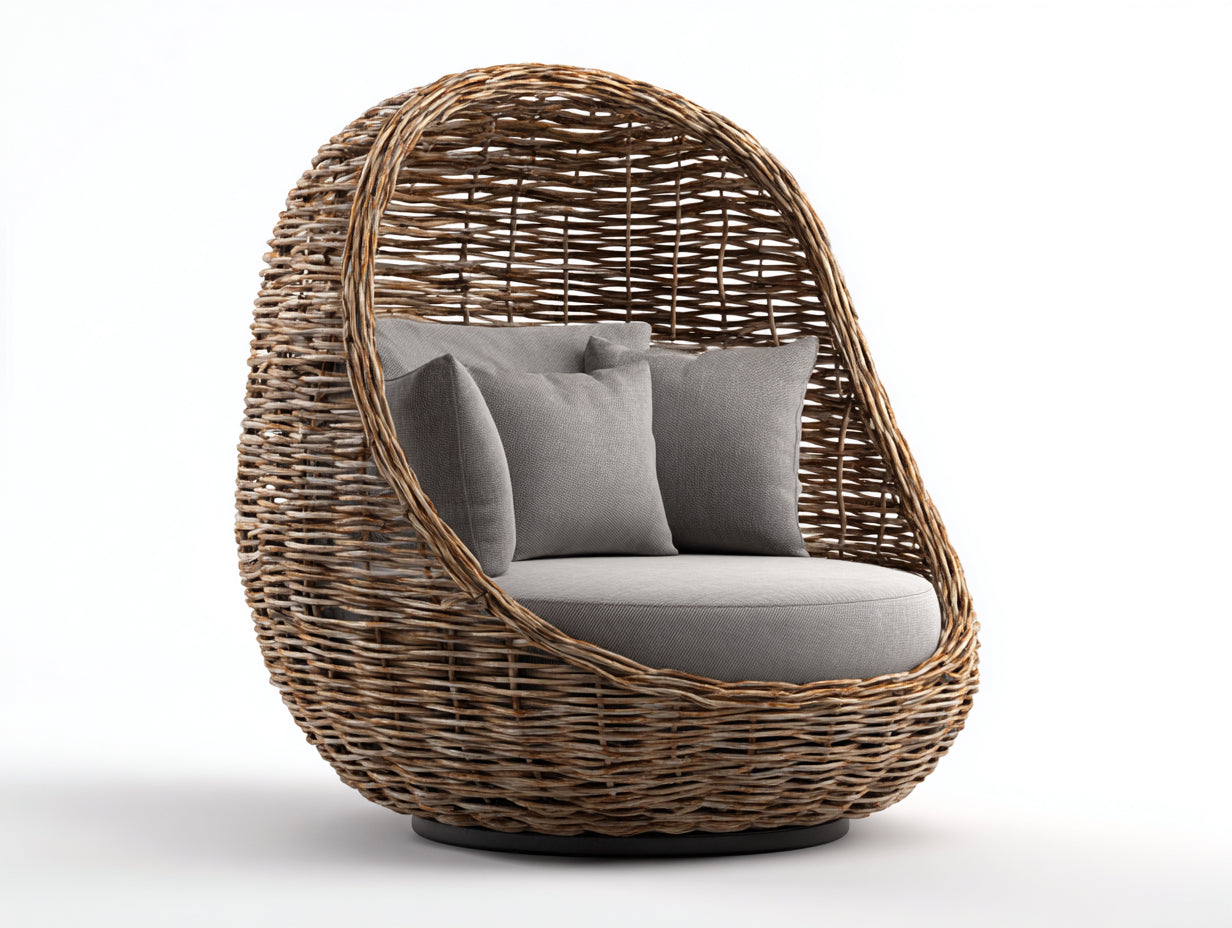 Sillón de ratán tipo cápsula 110 x 105 x 145 cm - Marrón natural y gris - Diseño envolvente con base circular para terraza cubierta y salón
