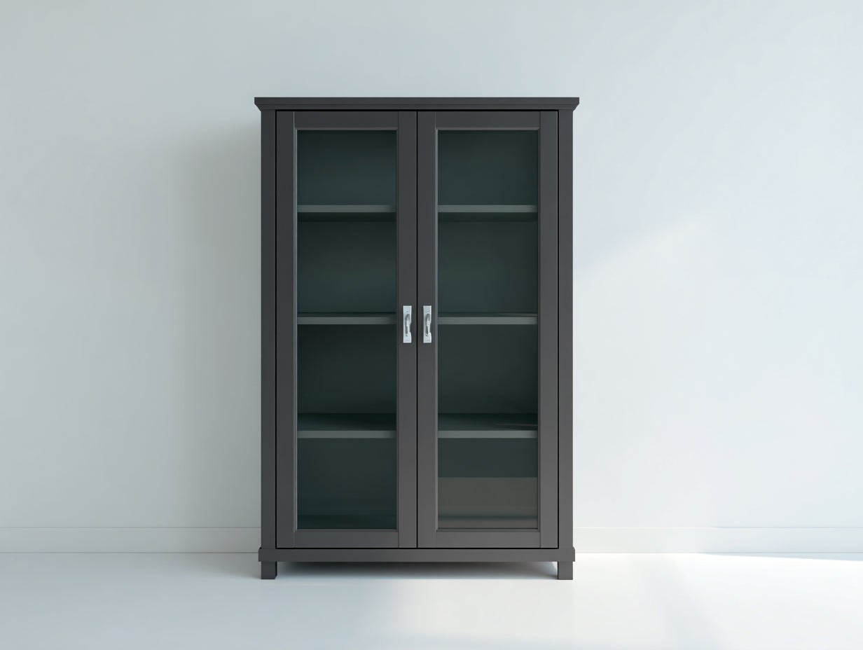 Vitrina de madera con 2 puertas de vidrio 90x40x180 cm - gris antracita y plateado - diseño alto con almacenamiento