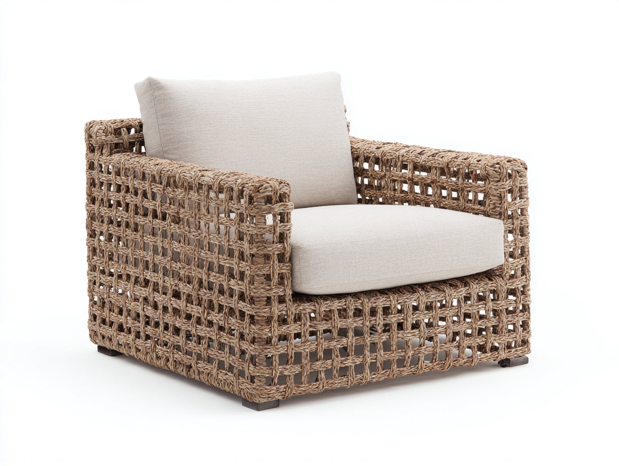 Sillón de ratán Sillones de ratán tejido 112x90x74 cm - natural y blanco crema - diseño bajo con brazos cuadrados