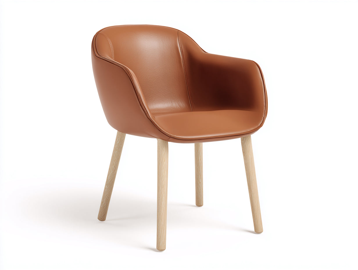 Sillas de comedor tapizadas en piel sintética y madera maciza 61 x 59 x 81 cm - marrón coñac claro y madera natural - para comedor - respaldo envolvente y reposabrazos integrados