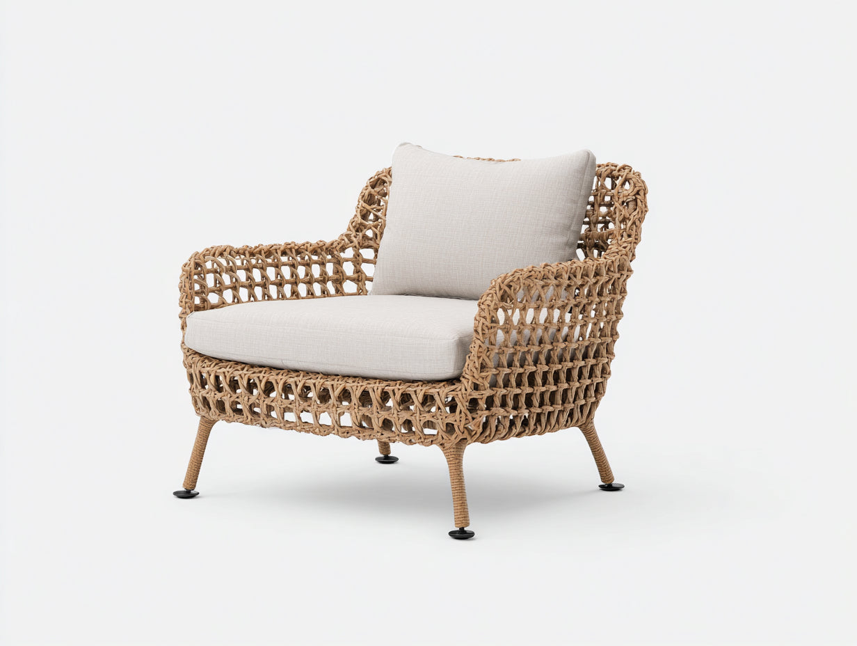 Sillón de ratán Sillones de ratán tejido 115x88x78 cm - natural y blanco crema - diseño abierto con brazos curvados