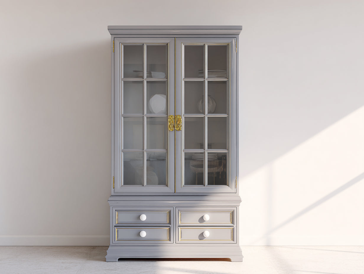 Vitrina de madera con 2 puertas de vidrio y 4 cajones 105x45x200 cm - gris claro dorado y blanco - diseño clásico con almacenamiento