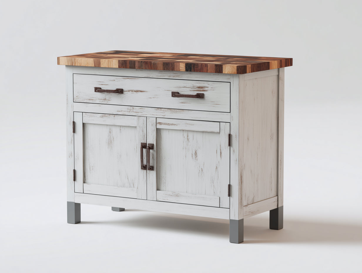 Aparadores de madera con dos puertas - Madera maciza y madera técnica - 94 x 43 x 89 cm - Blanco envejecido-Madera natural - Diseño rústico con un cajón
