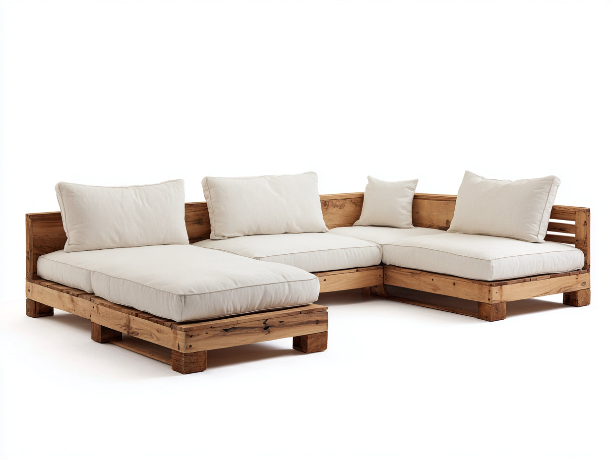 Sofás de exterior modulares de madera 300x220x75 cm - madera natural y crema - diseño en U