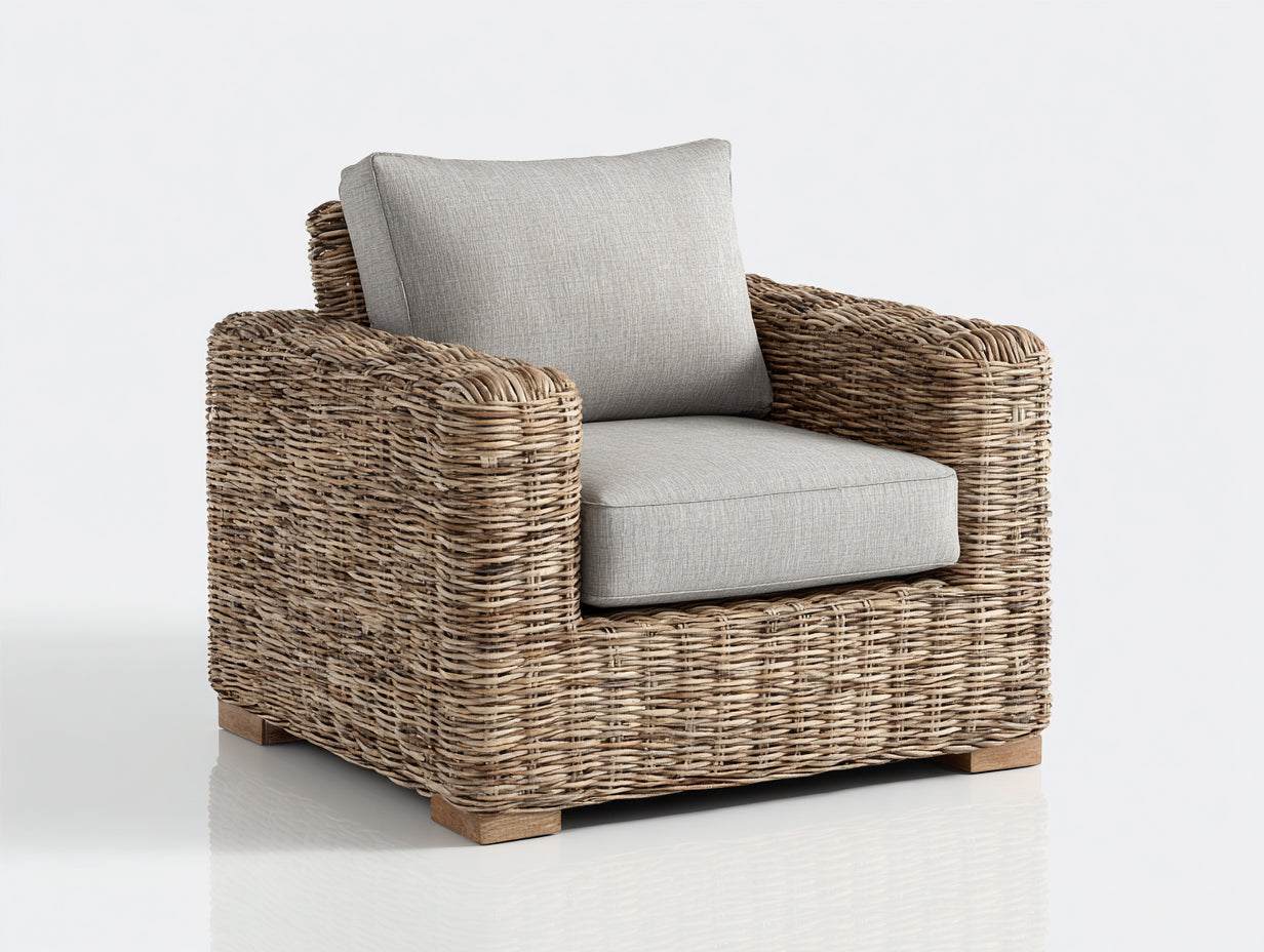 Sillones de ratán tejido y madera maciza 88 x 84 x 86 cm - marrón natural y beige grisáceo - para jardín y terraza - 1 plaza y diseño clásico