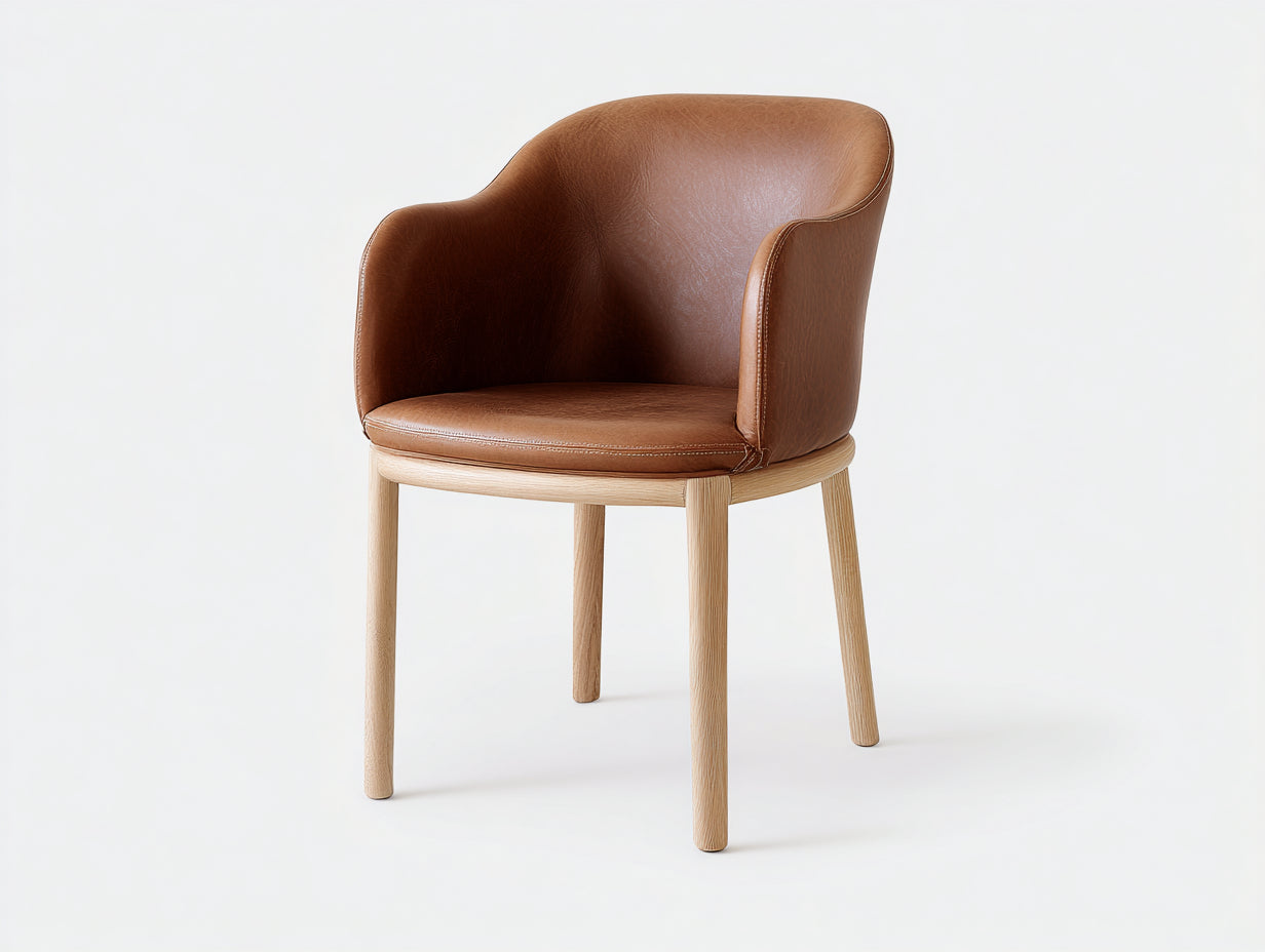 Silla de comedor Sillas de comedor tapizada en piel sintética 58x60x78 cm - marrón y madera natural - diseño envolvente con brazos
