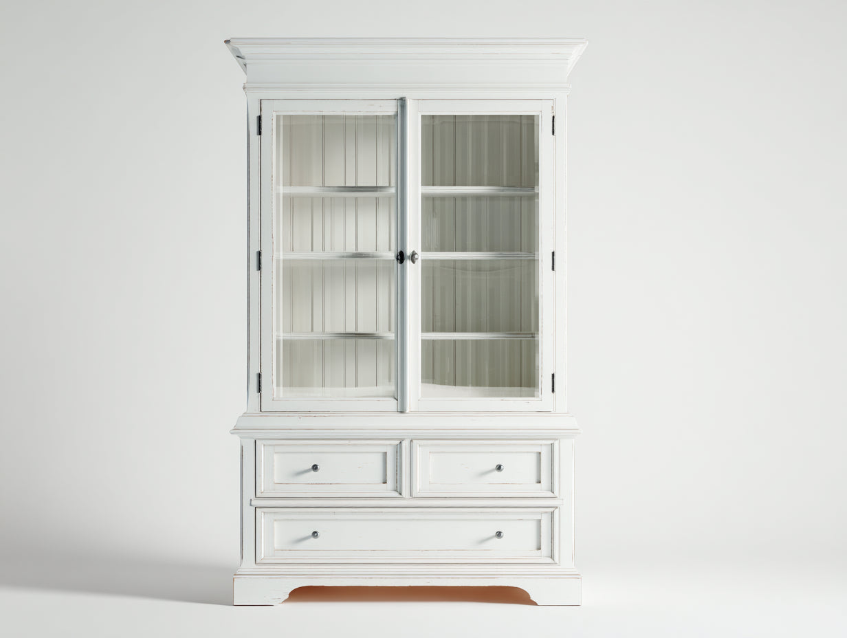 Vitrina alta con 2 puertas de vidrio y 3 cajones 100 x 45 x 190 cm - Blanco envejecido - Diseño clásico para salón y comedor