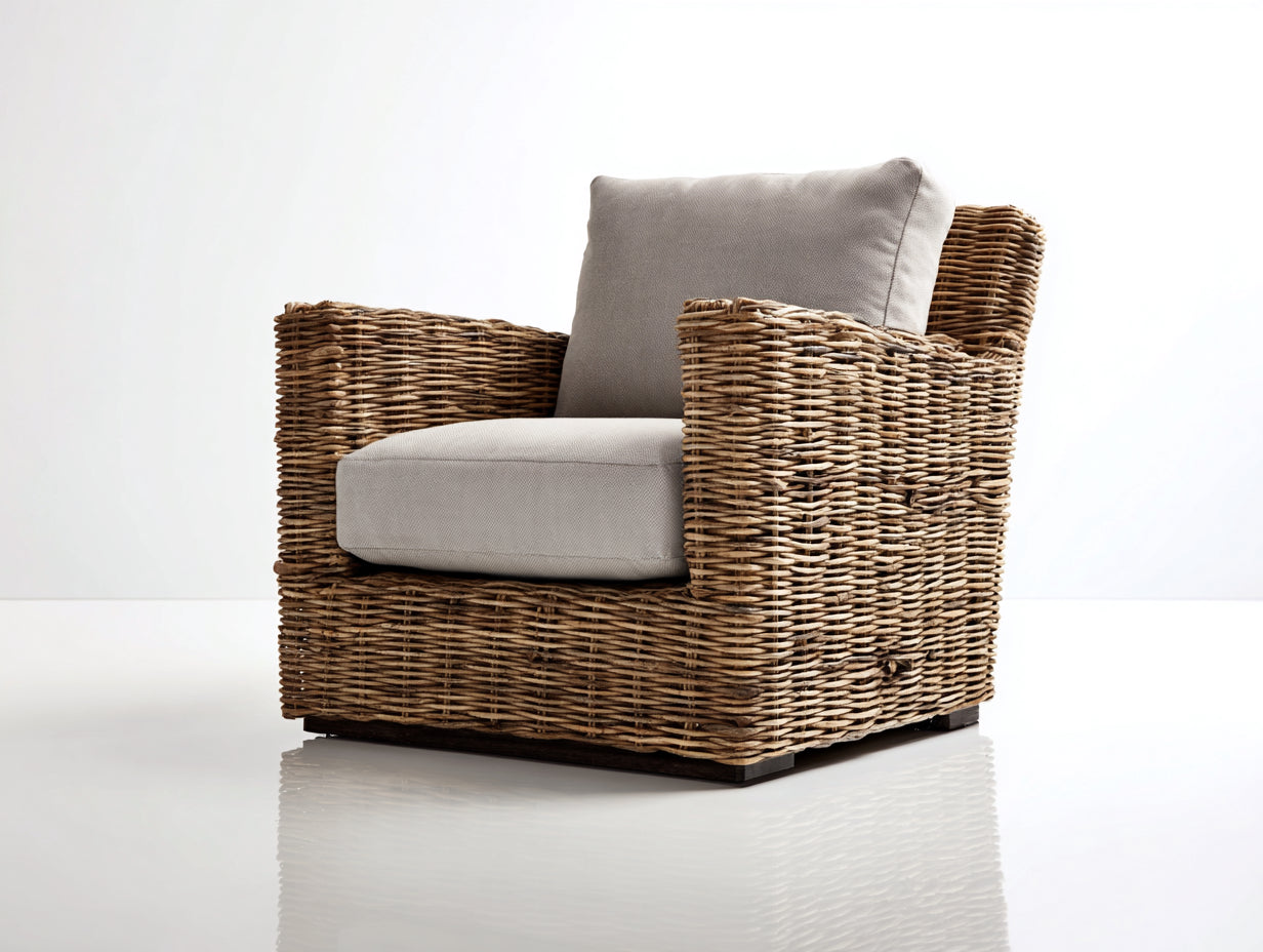 Sillón de ratán Sillones de ratán tejido 110x92x76 cm - natural y gris claro - diseño bajo con brazos anchos