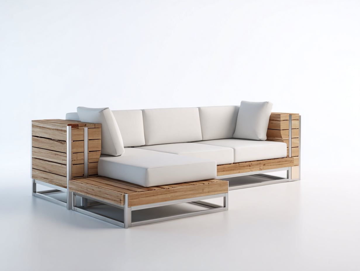Sofá de exterior esquinero de 3 plazas 220 x 165 x 75 cm - Marrón natural y blanco - Diseño en L con estructura de madera y metal